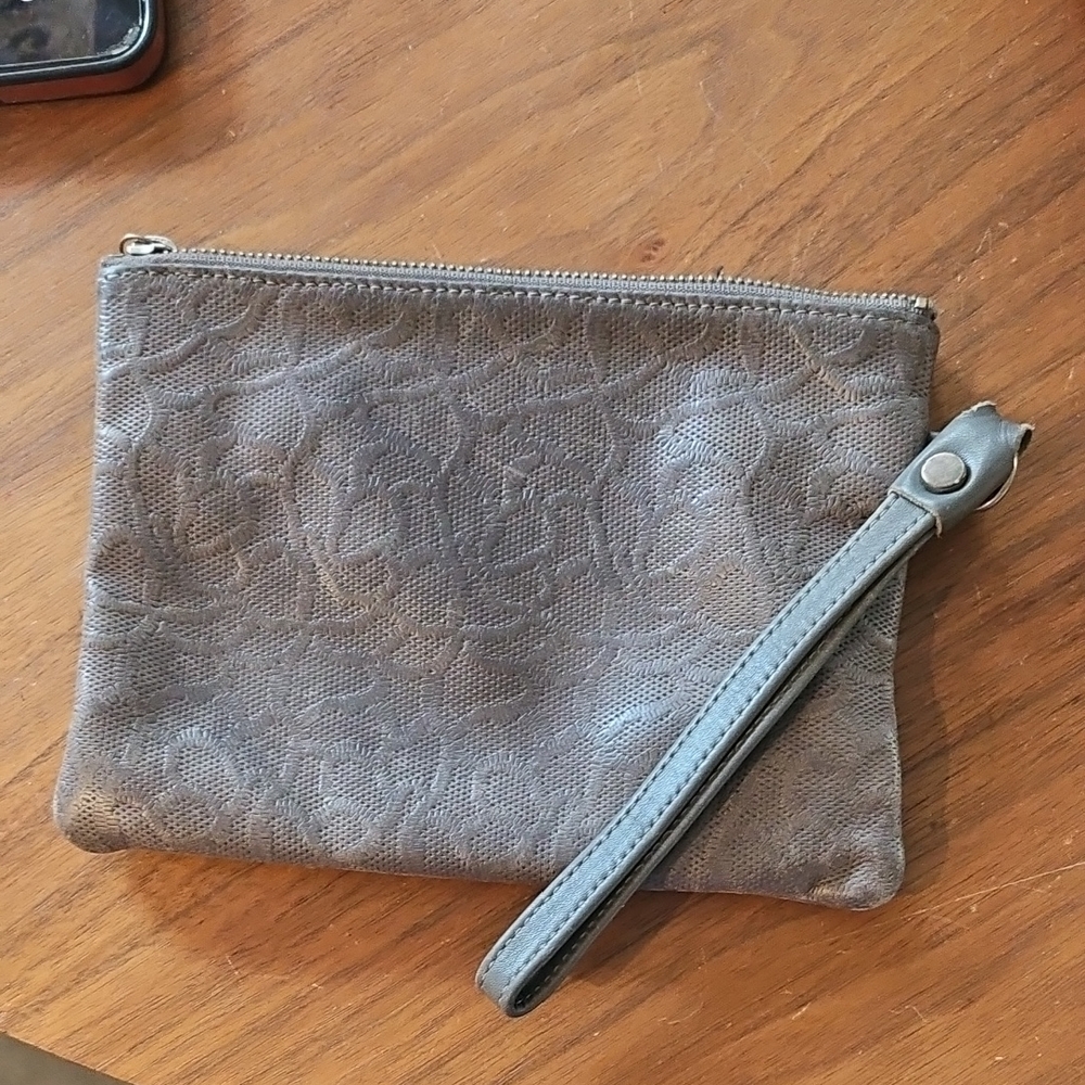 LAUDI VIDNI grey Patterned Leather Wristlet Clutch Cosmetic Pouch Zippered